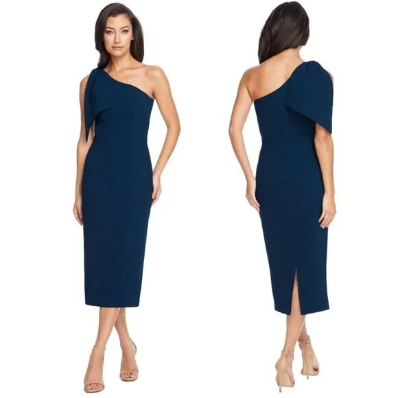Dress the Population Tiffany Orchard One Shoulder Midi Dress Bow Shoulder Blue - Picture 1 of 10